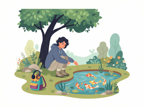 A young person crouching by a pond watching colorful koi fish swim.