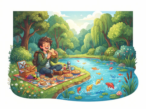 A joyful young boy enjoying a picnic lunch beside a pond.