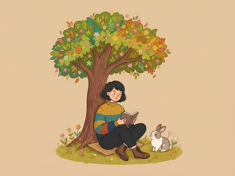 A young woman reading a book under a tree with a small rabbit sitting beside her.