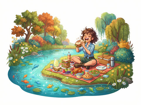 A happy young woman enjoying a delicious picnic meal by a serene pond.