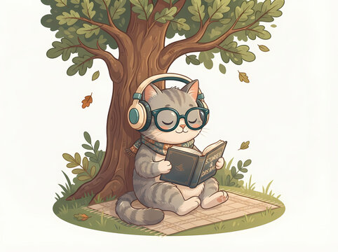A cute tabby cat wearing glasses and headphones reading a book under a tree.