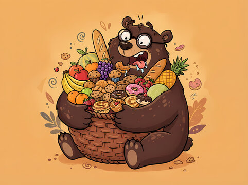A cartoon bear wearing glasses excitedly holding a large basket overflowing with various foods.