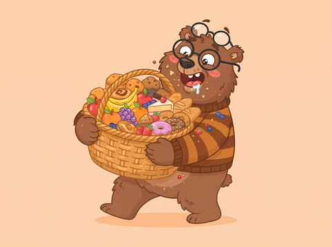 A cute cartoon bear wearing glasses and a sweater carrying a basket full of delicious pastries.