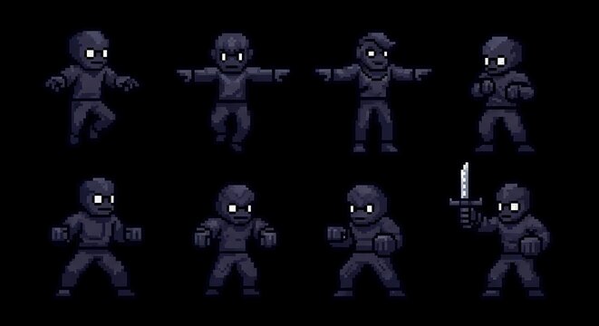 Dark pixel art figures in various action poses for games