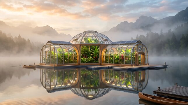 Complex modular glass greenhouse on lake with wood accents and canoes on misty morning.