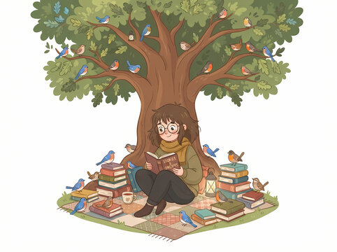 A young person reading a book while sitting under a large tree surrounded by birds.