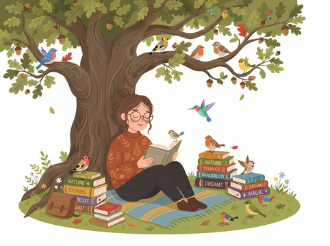 A young woman with glasses sitting under a tree reading a book surrounded by birds.