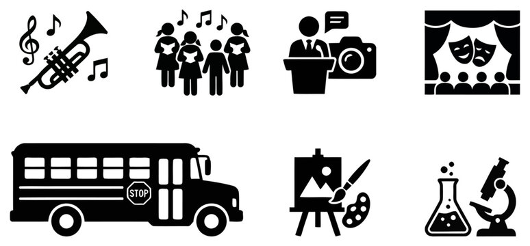 Set of black and white school subject icons representing various extracurricular activities and academic subjects for students