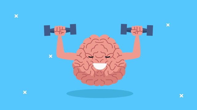Animated brain character lifting heavy dumbbells for mental fitness and cognitive training on blue background.