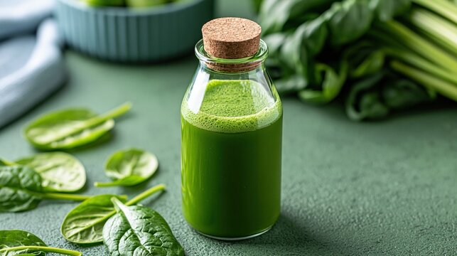 Glass bottle filled with green spinach juice on