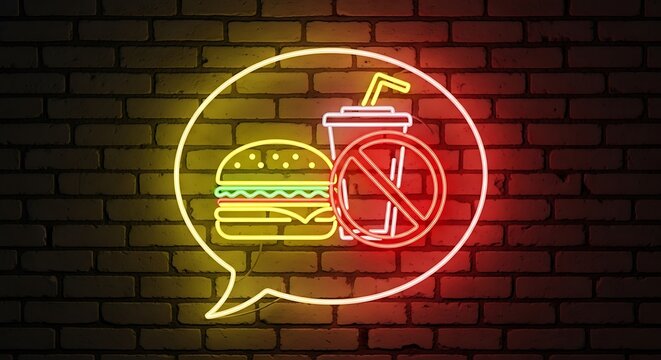 Neon sign showing burger and forbidden soda on dark brick wall