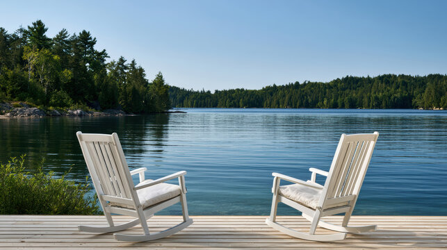 White rocking chair wooden deck lake forest summer outdoor peaceful tranquil blue sky reflection