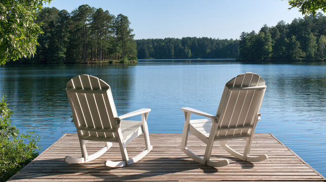 White rocking chair wooden deck lake forest summer peaceful outdoor relaxation scenic tranquil view