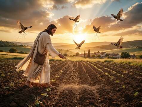 Jesus Christ spreads seeds in farm field at golden sunset. Biblical sower performs agriculture task with birds flying around. Spiritual man plants crops for harvest under dramatic sky. Gospel story
