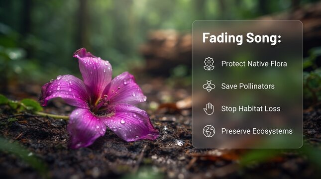 Pink flower with dew drops on forest ground with environmental awareness text forest floor nature conservation environmental protection native flora rain drops plant life water droplets