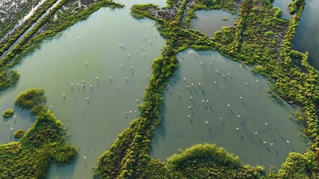 Aerial view of wild flamingos in shallow lagoons surrounded by dense wetland vegetation and marsh islands, forming a rich natural ecosystem and wildlife habitat