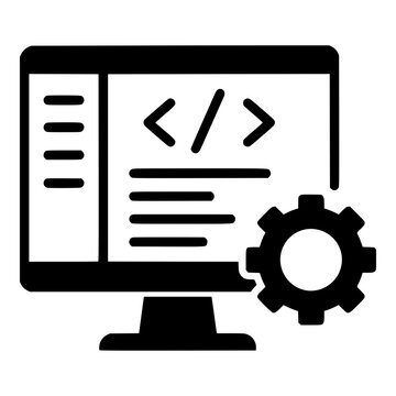 Desktop Monitor with Code Brackets and Gear, Black Vector Silhouette for Software Development and Web Programming