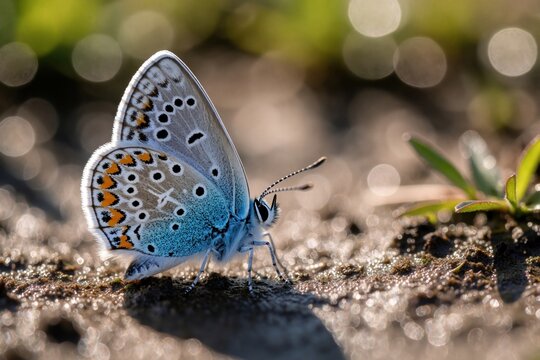 Common Blue butterfly rests on wet muddy ground. Small blue insect with orange spots sits near soil under bright sun. Macro view shows detailed wing patterns, antenna of Polyommatus icarus in natural