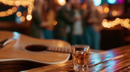 Obraz premium Acoustic guitar and whiskey shot glass on bar