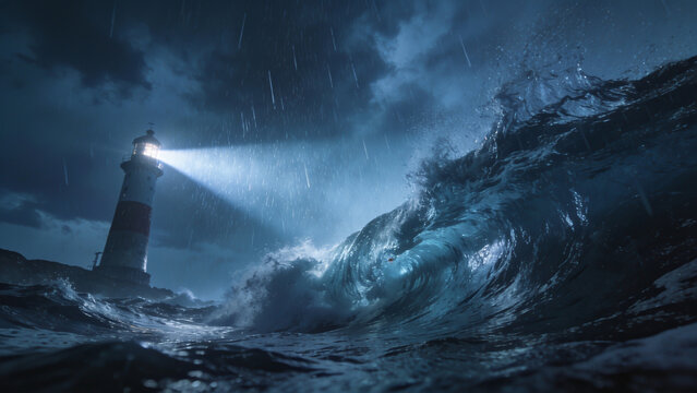 Glowing lighthouse stands amidst crashing ocean waves during a dark stormy night with heavy falling rain