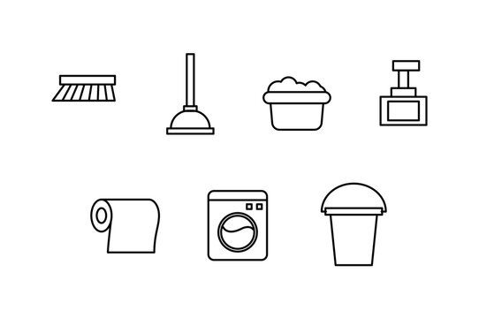 bathroom icons set collection toilet brush container washing machine soap bucket