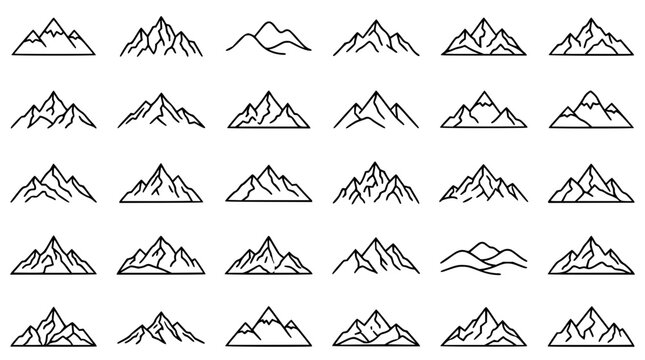 Mountain set with linear outlines featuring peaks, ridges, slopes with simplified forms and minimalist design