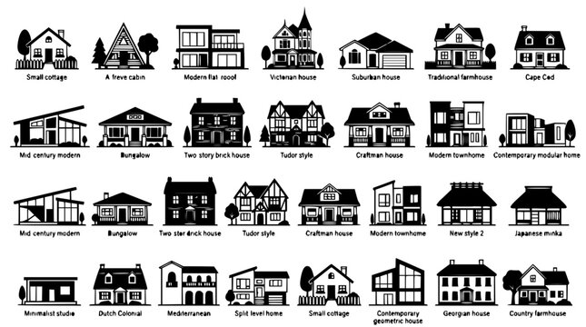 House set with diverse architectural styles featuring small cottage, A-frame cabin, modern flat-roof with Tudor style and contemporary modular home