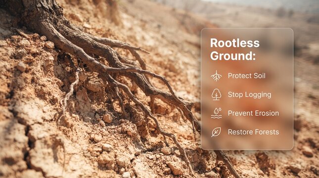 Exposed tree roots on eroded dry soil ground showing deforestation impact with soil erosion rootless ground environmental degradation land degradation habitat loss climate change arid soil