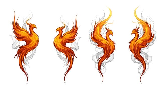 Four stylized fiery phoenix bird designs with smoke elements