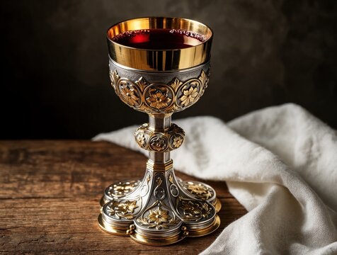 Ornate gold, silver holy chalice filled with red wine on wooden table. Sacred communion cup with intricate floral patterns sits near white linen cloth. Christian Eucharist symbol for church ritual,