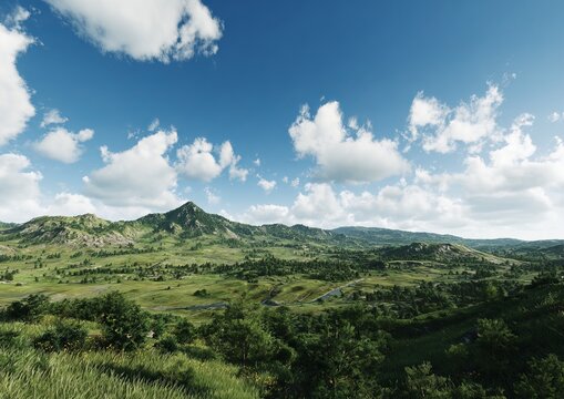 Scenic landscape of rolling green hills under a bright blue sky.