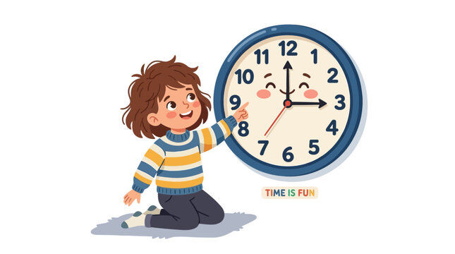 Cute Cartoon Girl Learning Time with Happy Face Wall Clock