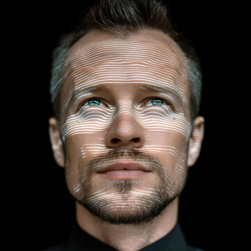 Man beard blue eyes black background light pattern portrait closeup modern technology thoughtful adult
