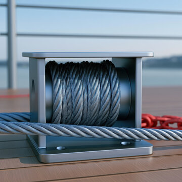 Steel cable winch tension device on boat deck close up metallic texture outdoor nautical equipment safety marine sunlight