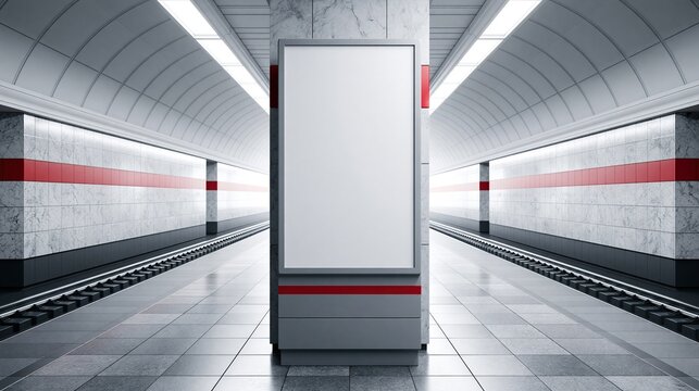 Empty subway station platform with blank advertising board