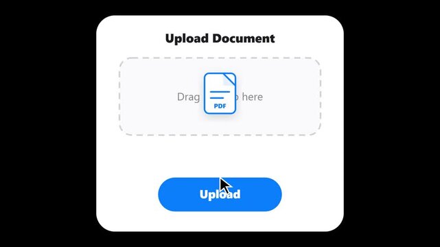 A minimalist user interface modal for uploading documents featuring a dashed drop zone area, a file icon, instructional text, and a prominent blue upload button on a dark background.
