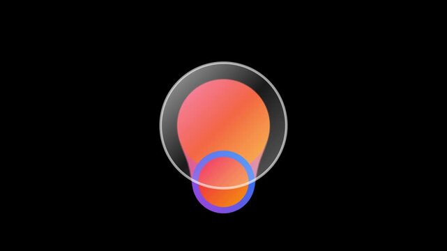 A minimalist abstract icon design featuring a glowing gradient teardrop shape enclosed within a transparent circular ring against a stark solid black background