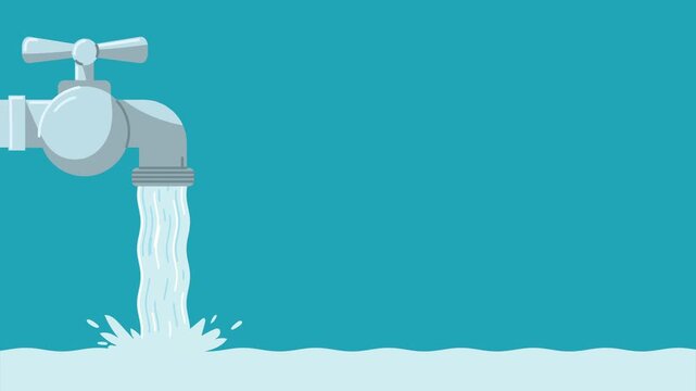 Animation of water faucet opening and pouring liquid into pool against blue background.