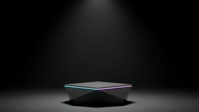 Modern dark display pedestal with glowing neon light edges