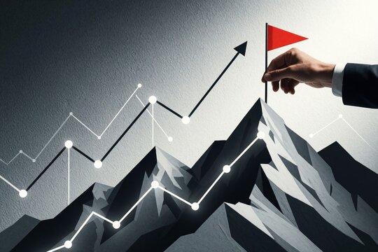 Businessman hand plants red flag on mountain peak. Success concept with rising business graph line, financial growth charts. Ambitious leader achieves goal after difficult climb. Pro concept of