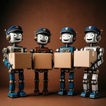 Four cute courier robots carry cardboard boxes for shipping. Friendly automated bots work in logistics service. Mechanical characters use artificial intelligence for fast delivery. Future industry