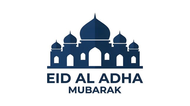 Minimalist eid al adha mubarak greeting design featuring a dark blue mosque silhouette