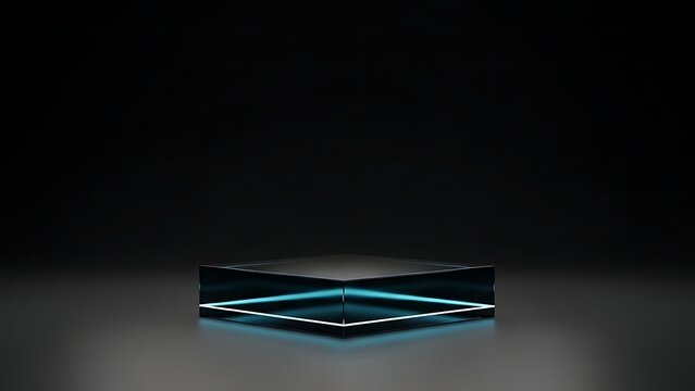 Empty square glass podium with glowing blue neon light