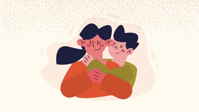 A young couple is hugging in a cute cartoon style with dynamic motion, expressing love and togetherness.