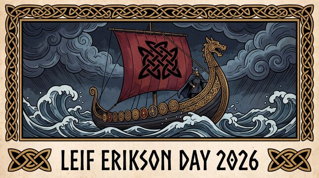 Brave viking explorer stands upon his traditional wooden longship sailing through rough turquoise ocean waves under a moody grey sky to celebrate the historic annual leif erikson day holiday