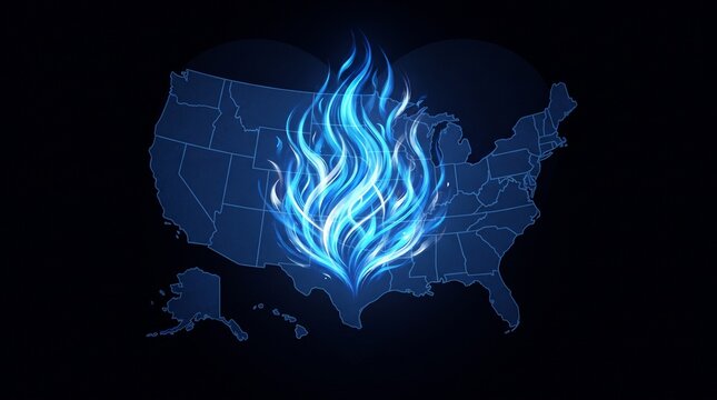 digital illustration of the United States map with vibrant blue glowing flames against a black background.