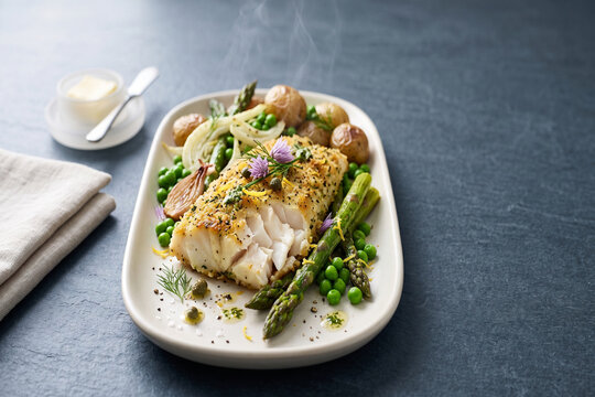 Steamed cod fillet with herbs served with asparagus and peas on a slate background