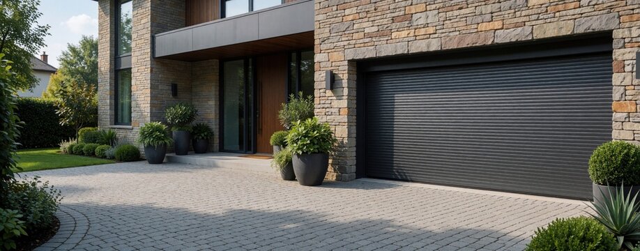 Modern house features automatic garage door made of dark metal. Stone facade contrasts with wood front door and rich green plants creating curb appeal.