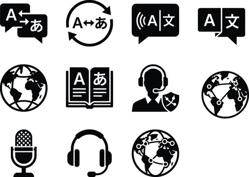 Language translation icons set, global communication and interpretation symbols, black vector graphics for multilingual education and business services