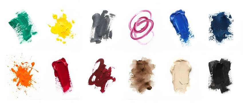 A collection of colorful paint smudges and strokes arranged on a white background. Excellent design element for art projects, creative banners, and backgrounds.